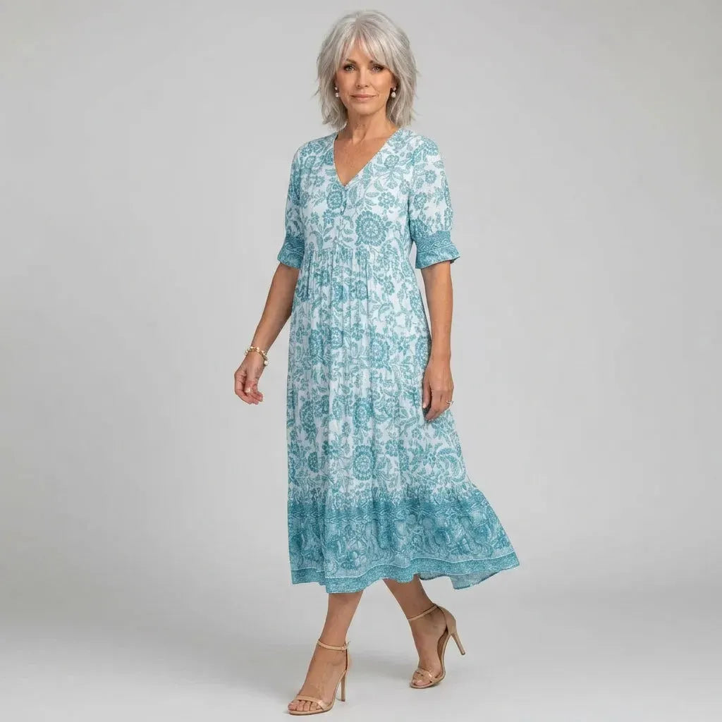 Floral Print Boho Maxi Dress with V-Neck Light Blue 6