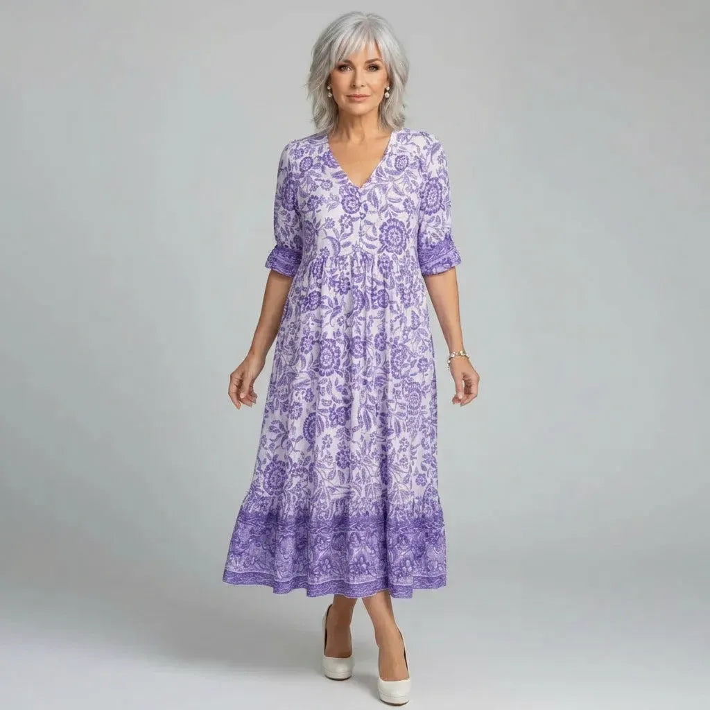 Floral Print Boho Maxi Dress with V-Neck Purple 7