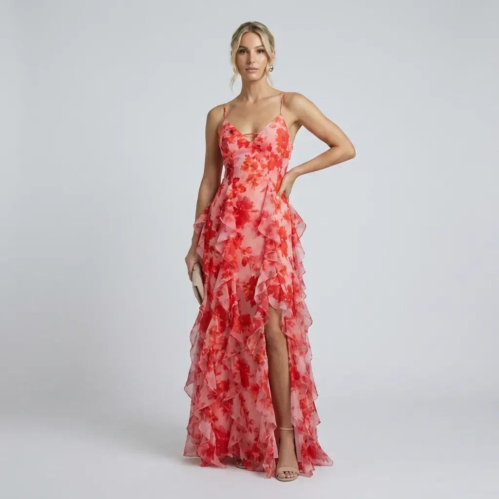Floral Tiered Ruffle Maxi Dress Red 2