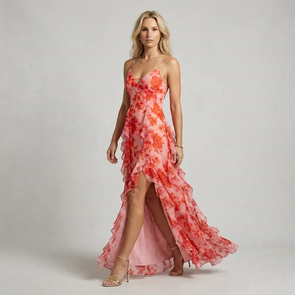 Floral Tiered Ruffle Maxi Dress Red 4