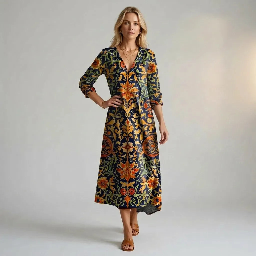 Floral V-Neck Boho Midi Dress Orange 1