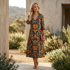 Floral V-Neck Boho Midi Dress Orange 2