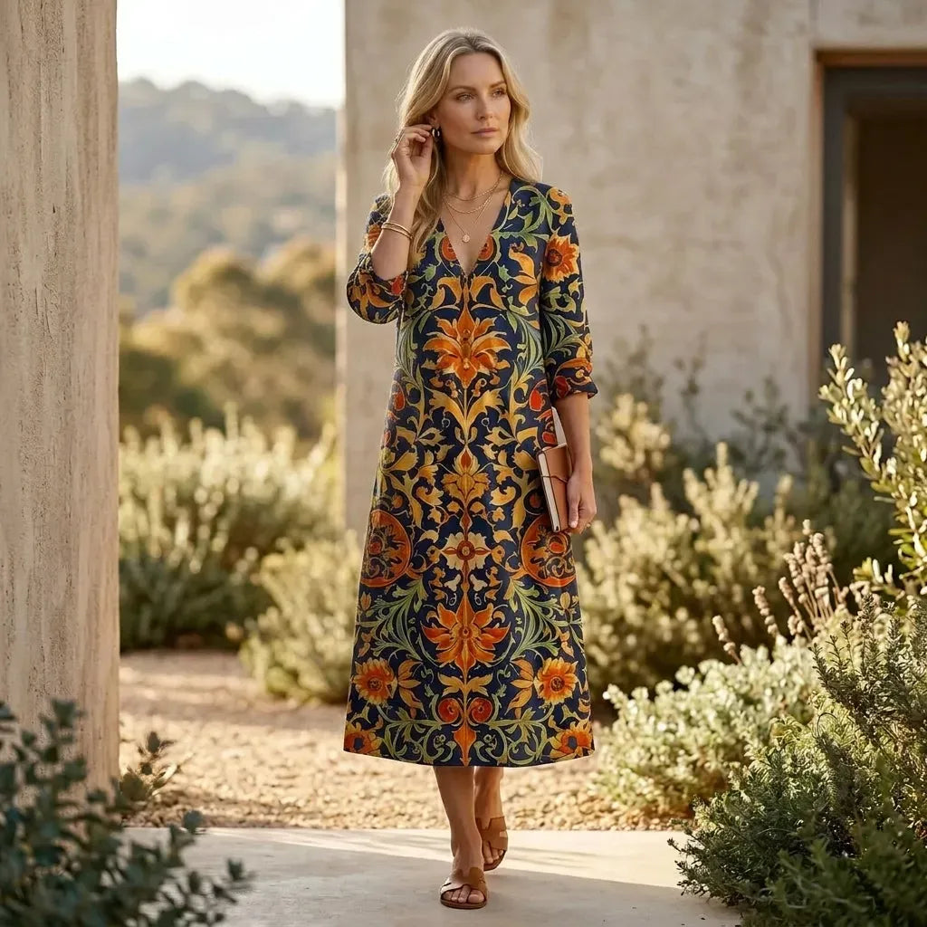 Floral V-Neck Boho Midi Dress Orange 2