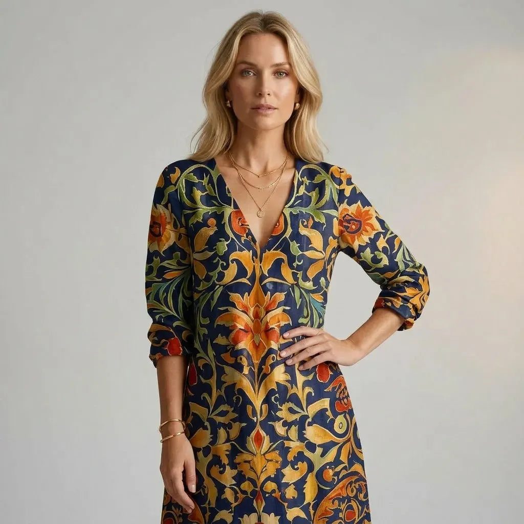 Floral V-Neck Boho Midi Dress Orange 3