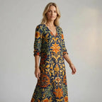 Floral V-Neck Boho Midi Dress Orange 4
