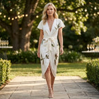 Floral V-Neck Midi Wrap Dress White 1
