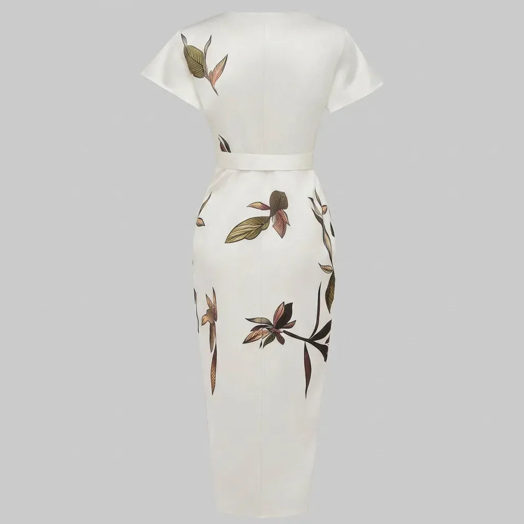 Floral V-Neck Midi Wrap Dress White 4