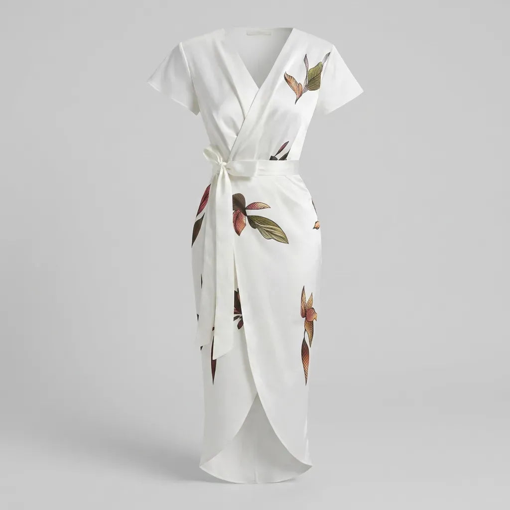 Floral V-Neck Midi Wrap Dress White 5