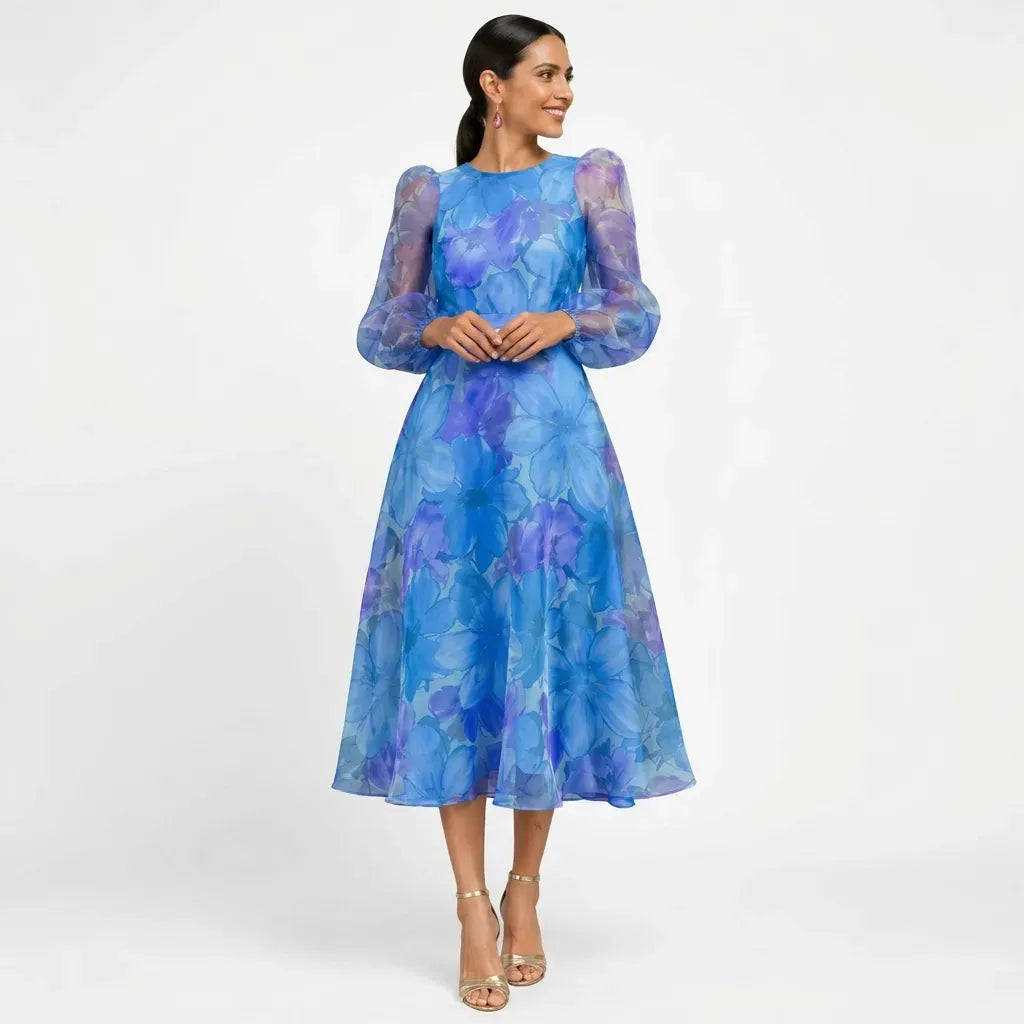 Floral Wedding Guest Dress Midi A-Line with Sleeves Blue 1