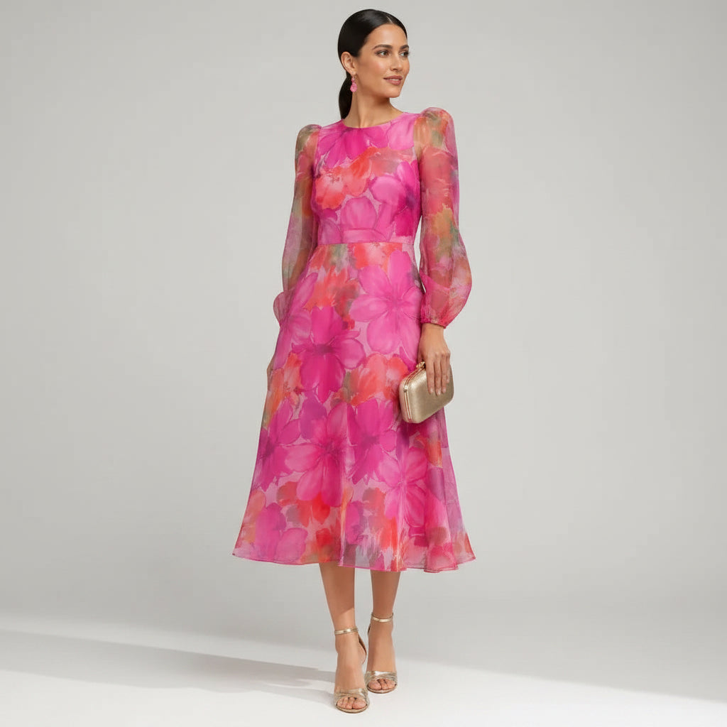 Floral Wedding Guest Dress Midi A-Line with Sleeves Pink 2