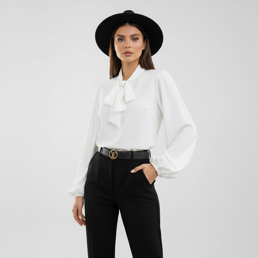 Flowy Chiffon Long Sleeve Blouse with Balloon Sleeves White 2