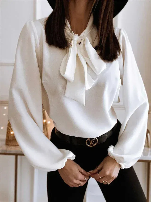 Flowy Chiffon Long Sleeve Blouse with Balloon Sleeves White 3