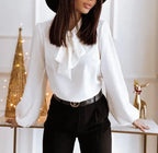 Flowy Chiffon Long Sleeve Blouse with Balloon Sleeves White 4