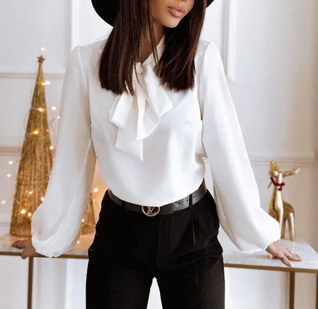 Flowy Chiffon Long Sleeve Blouse with Balloon Sleeves White 4