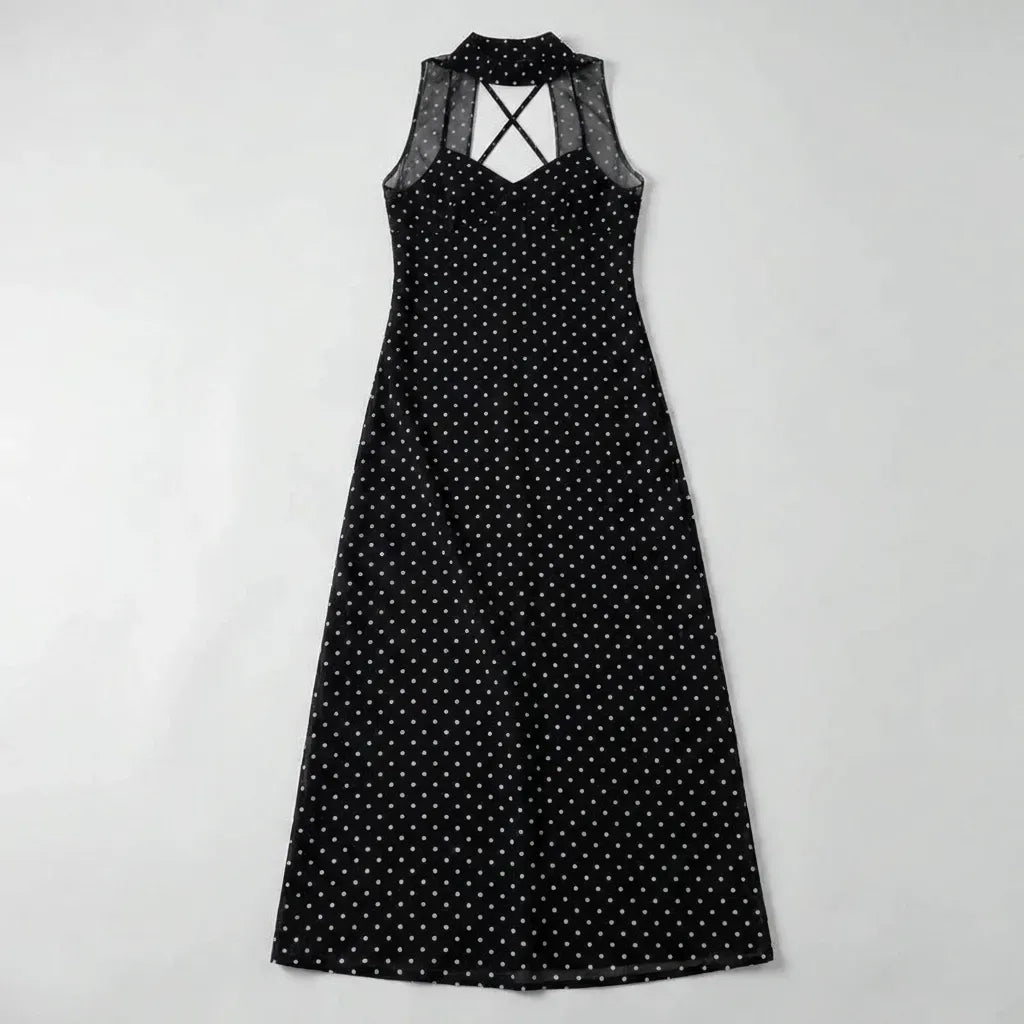 Flowy Chiffon Polka Dot Maxi Dress with Choker Detail Black 4