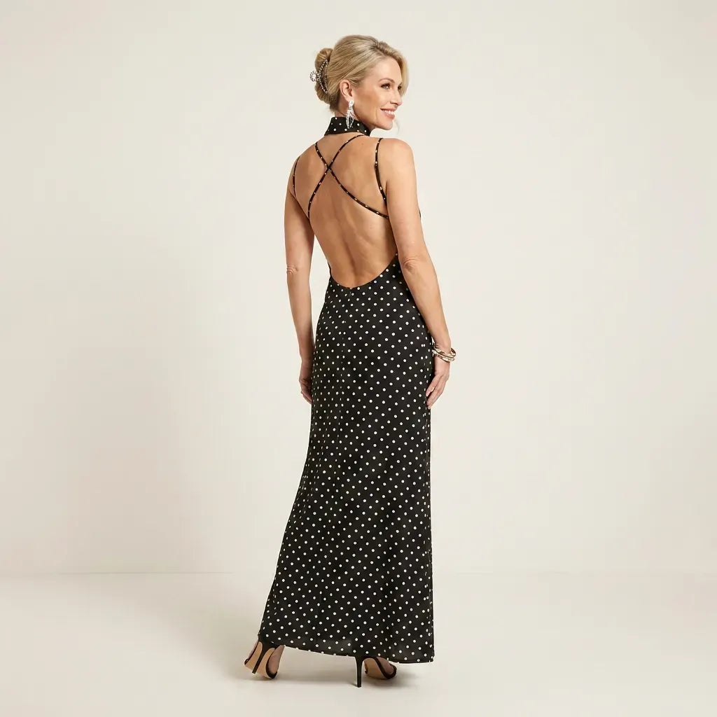 Flowy Chiffon Polka Dot Maxi Dress with Choker Detail Black 5