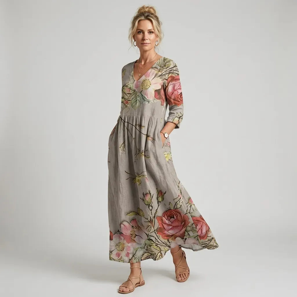 Flowy Midi Dress with Pockets Beige 8