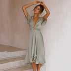 Flowy Midi Dress with V Neck Cut Out Olive 1