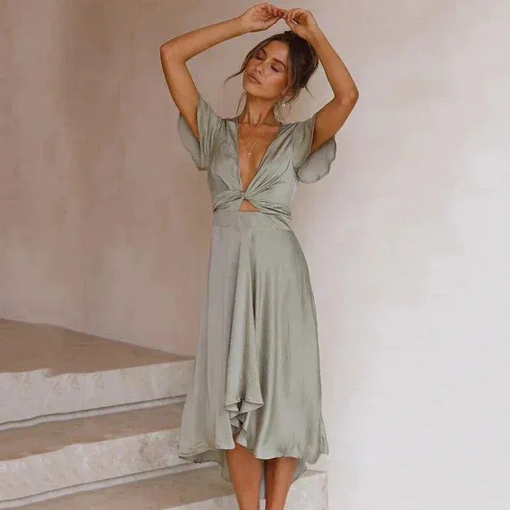 Flowy Midi Dress with V Neck Cut Out Olive 1