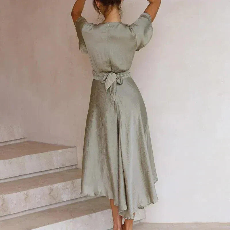 Flowy Midi Dress with V Neck Cut Out Olive 2