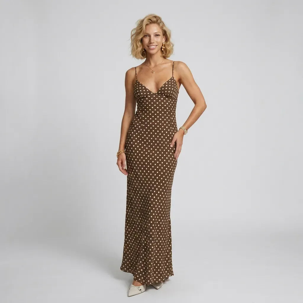 Flowy Polka Dot Maxi Dress with Chiffon Brown 5