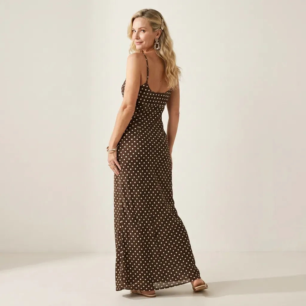Flowy Polka Dot Maxi Dress with Chiffon Brown 6