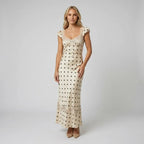 Flowy Polka Dot Maxi Dress with Ruffle Hem Beige 2