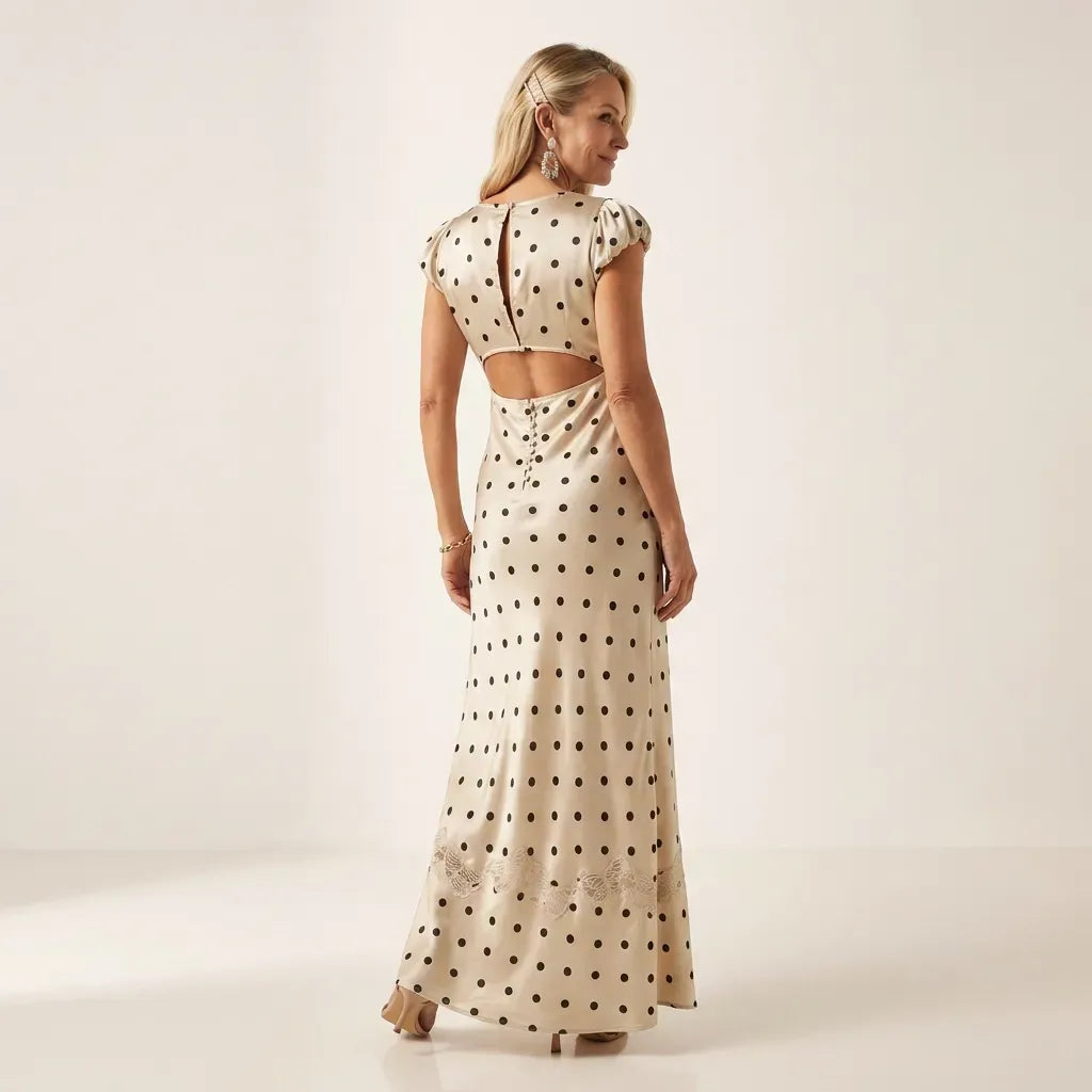 Flowy Polka Dot Maxi Dress with Ruffle Hem Beige 3