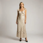 Flowy Polka Dot Maxi Dress with Ruffle Hem Beige 4