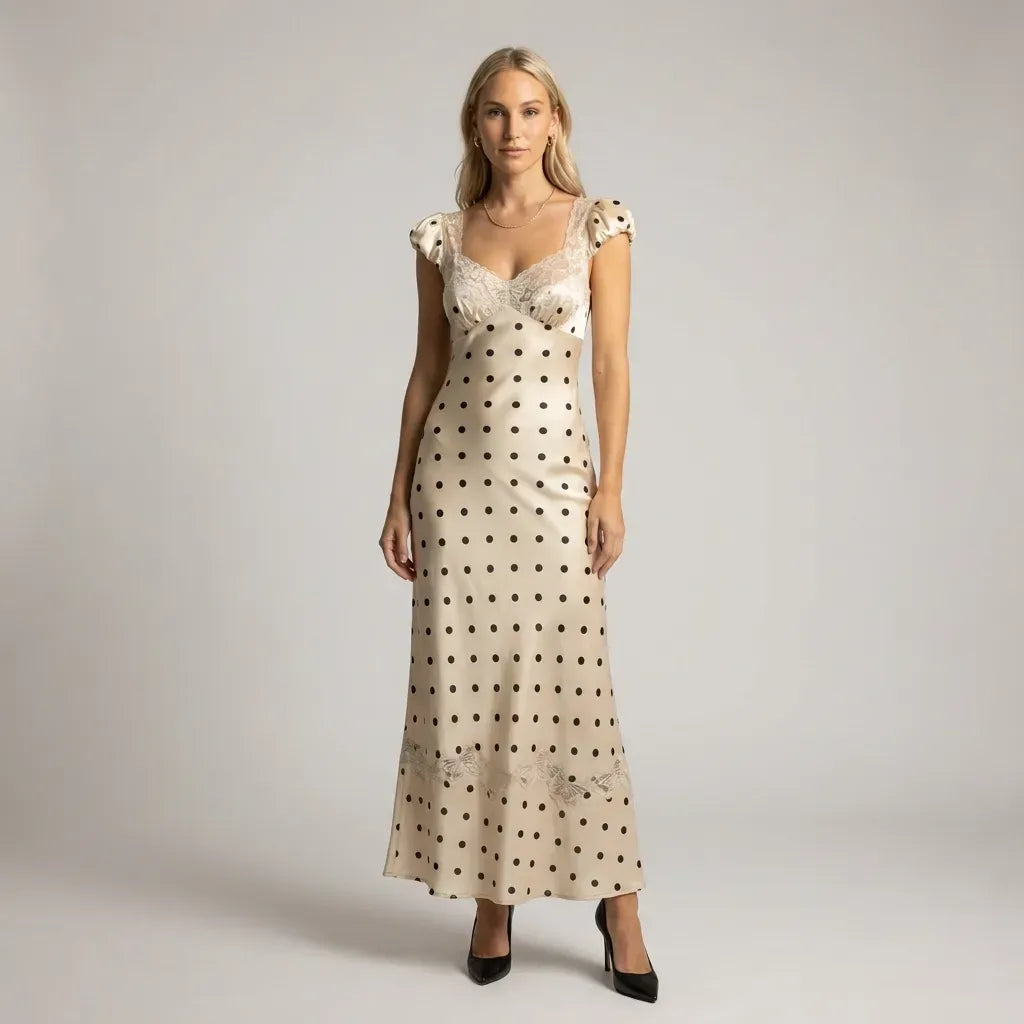 Flowy Polka Dot Maxi Dress with Ruffle Hem Beige 4