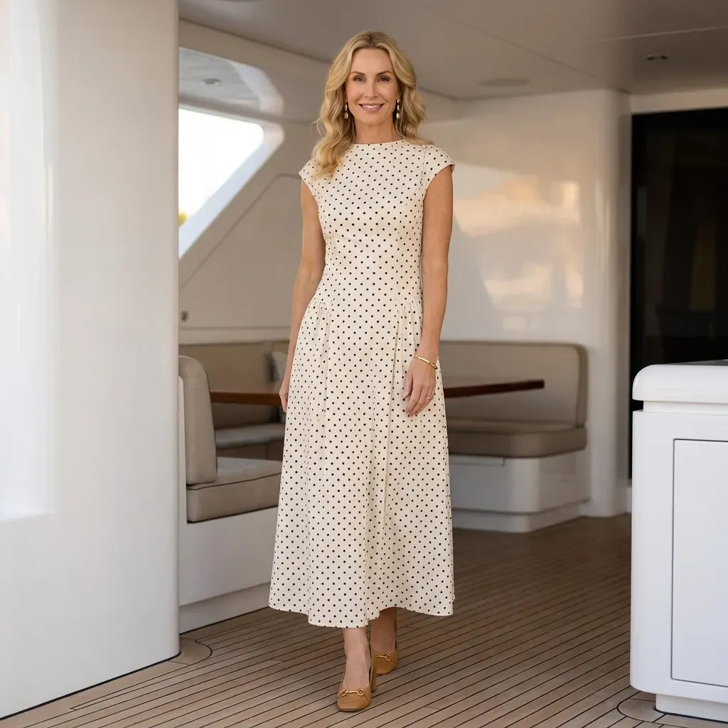 Flowy Polka Dot Maxi Dress with Sleeves White 1