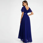 Flutter Sleeve Chiffon Wedding Guest Dress A-Line Dark Blue 1