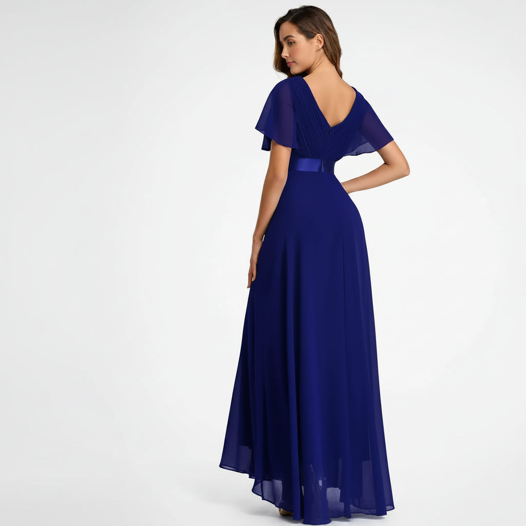 Flutter Sleeve Chiffon Wedding Guest Dress A-Line Dark Blue 1