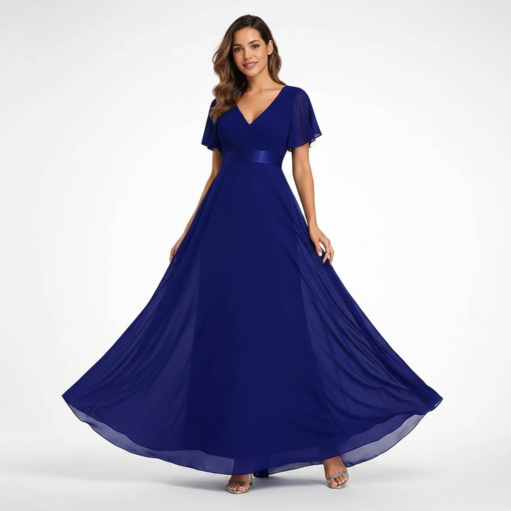 Flutter Sleeve Chiffon Wedding Guest Dress A-Line Dark Blue 2