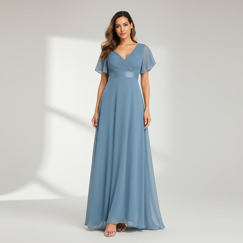 Flutter Sleeve Chiffon Wedding Guest Dress A-Line Light Blue 3