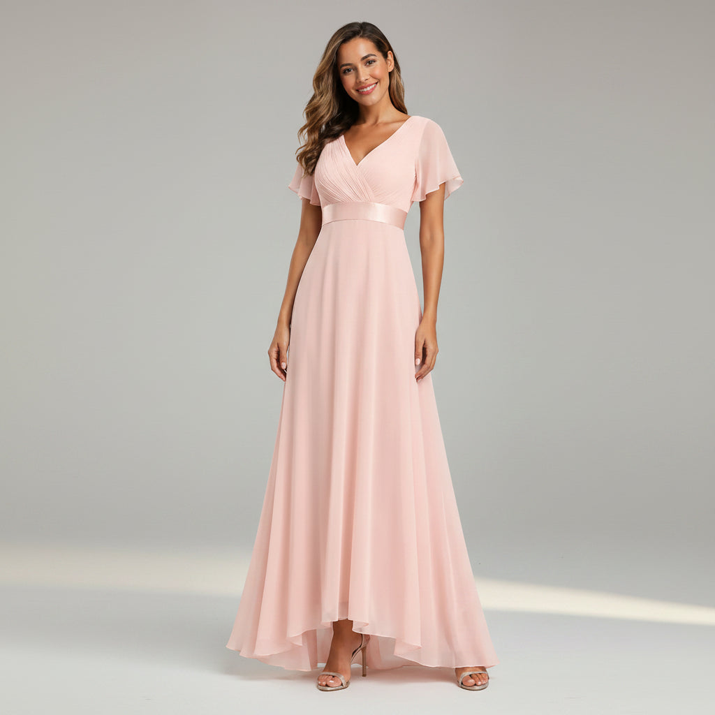Flutter Sleeve Chiffon Wedding Guest Dress A-Line Pink 4