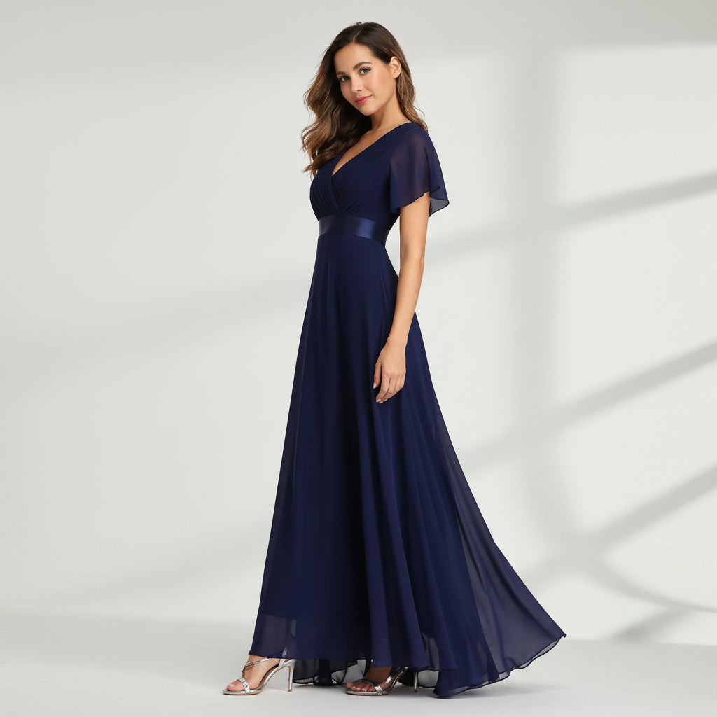 Flutter Sleeve Chiffon Wedding Guest Dress A-Line Navy 5