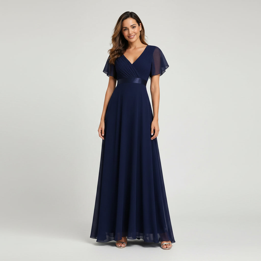 Flutter Sleeve Chiffon Wedding Guest Dress A-Line Navy 6