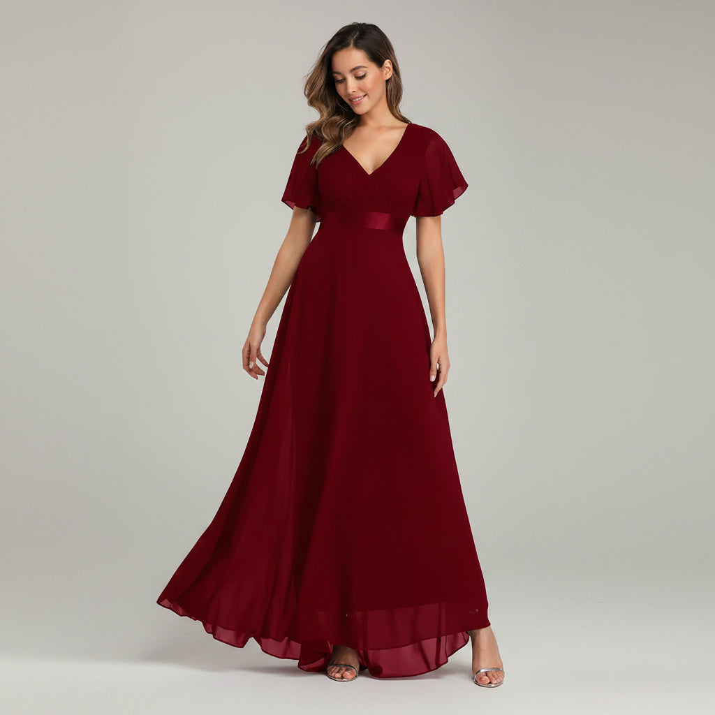 Flutter Sleeve Chiffon Wedding Guest Dress A-Line Bordeaux 7