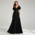 Flutter Sleeve Chiffon Wedding Guest Dress A-Line Black 8