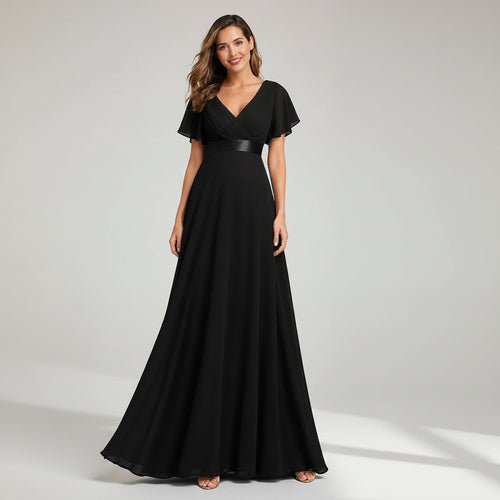 Flutter Sleeve Chiffon Wedding Guest Dress A-Line Black 8