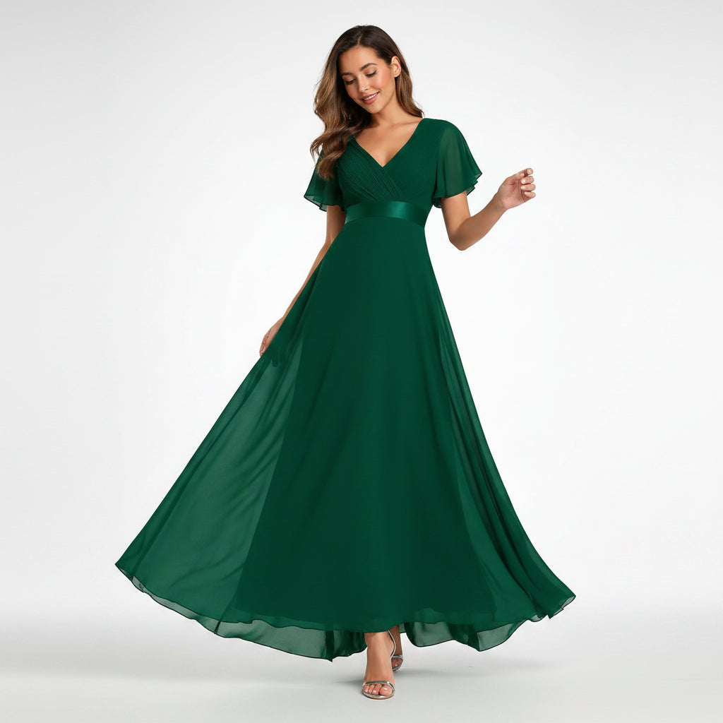 Flutter Sleeve Chiffon Wedding Guest Dress A-Line Dark Green 9
