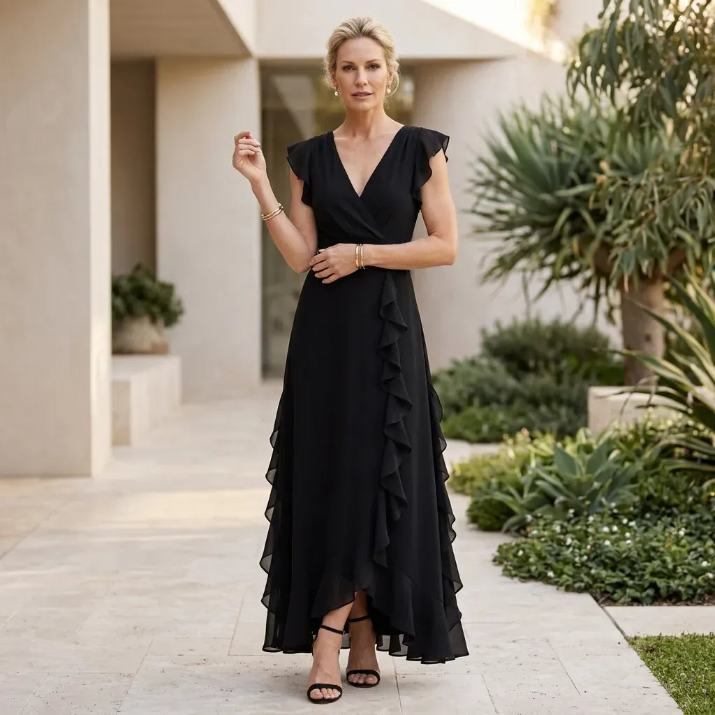 Flutter Sleeve Ruffle Maxi Dress with Chiffon Detail Black 1