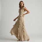 Flutter Sleeve Ruffle Maxi Dress with Chiffon Detail Beige 2