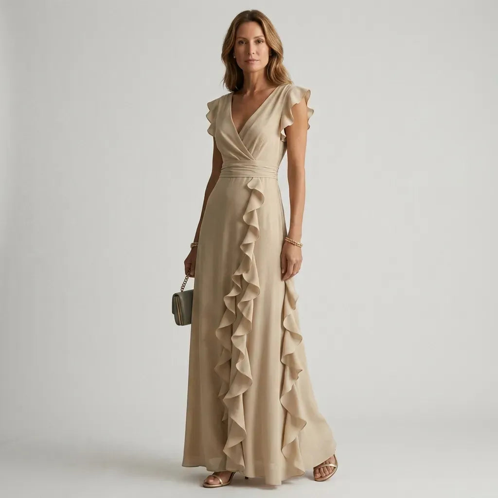 Flutter Sleeve Ruffle Maxi Dress with Chiffon Detail Beige 3