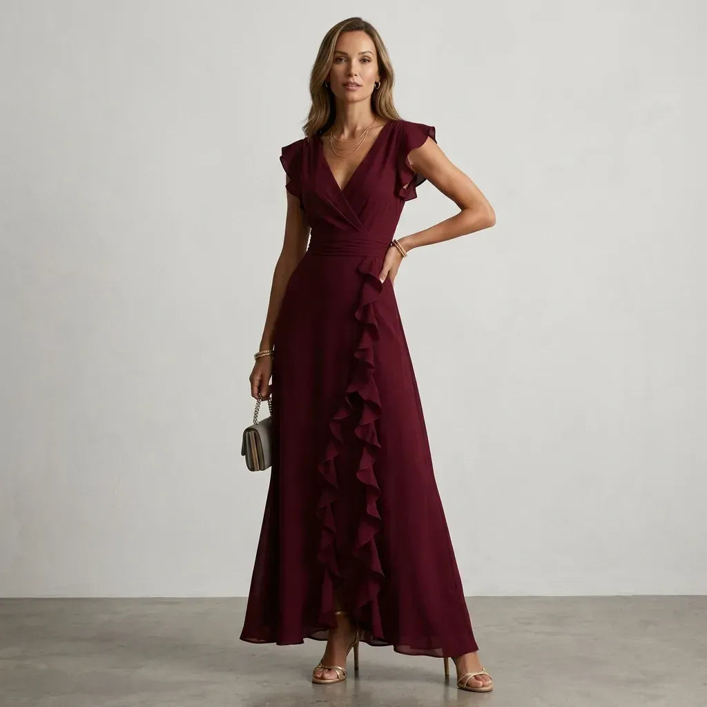 Flutter Sleeve Ruffle Maxi Dress with Chiffon Detail Red 4