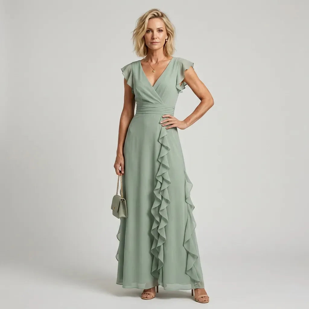 Flutter Sleeve Ruffle Maxi Dress with Chiffon Detail Green 5