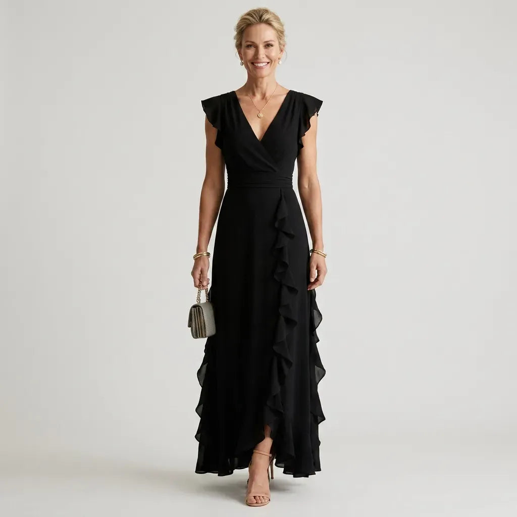 Flutter Sleeve Ruffle Maxi Dress with Chiffon Detail Black 6