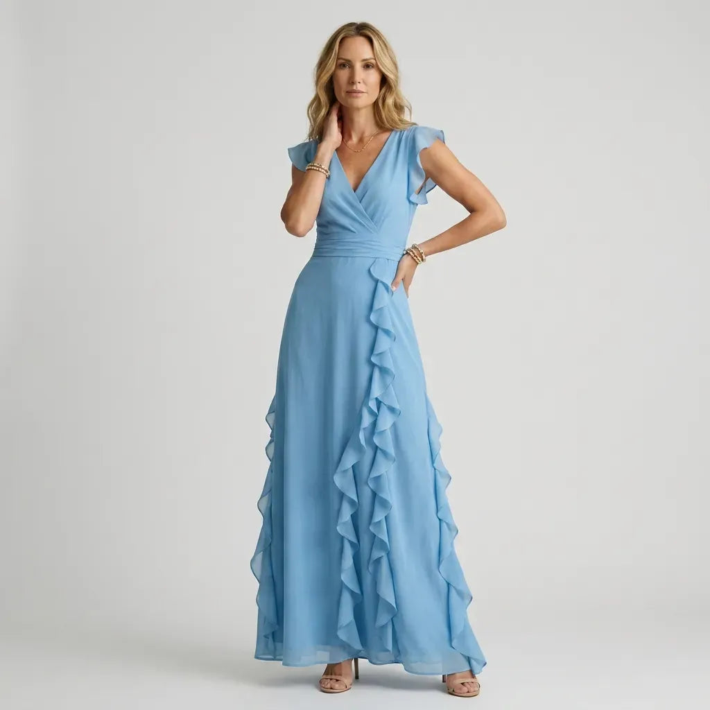 Flutter Sleeve Ruffle Maxi Dress with Chiffon Detail Blue 7