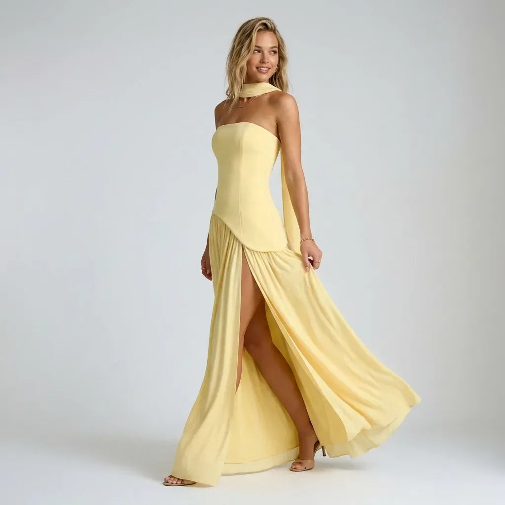 Formal Asymmetrical Strapless Dress with Slit Yellow 6